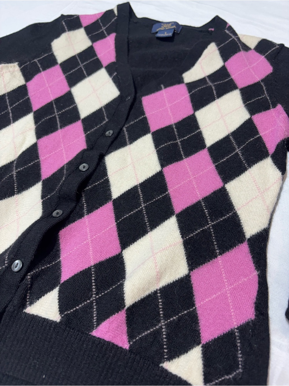 Brooks Brothers 346 100% Merino Wool Argyle Cardigan Sweater Black Pink S
